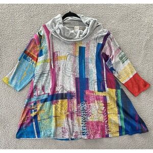 Et Lois Top Womens 2x Abstract Wearable Art Artsy Colorful Cowl Neck Made USA